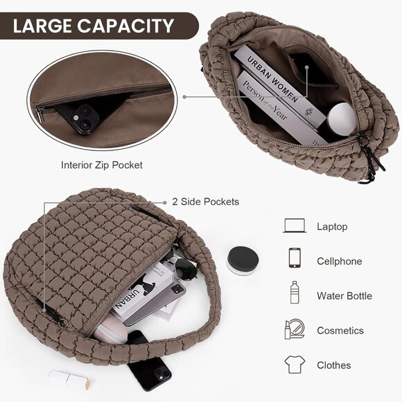 Luxury Quilted Nylon Tote Bag - Spacious Puffer Shoulder Carryall for Women - Picture 4 of 6